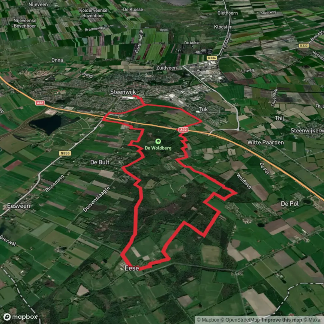 An image depicting the trail Woldmeenthepad and Onderduikers Weg and its surrounding area.