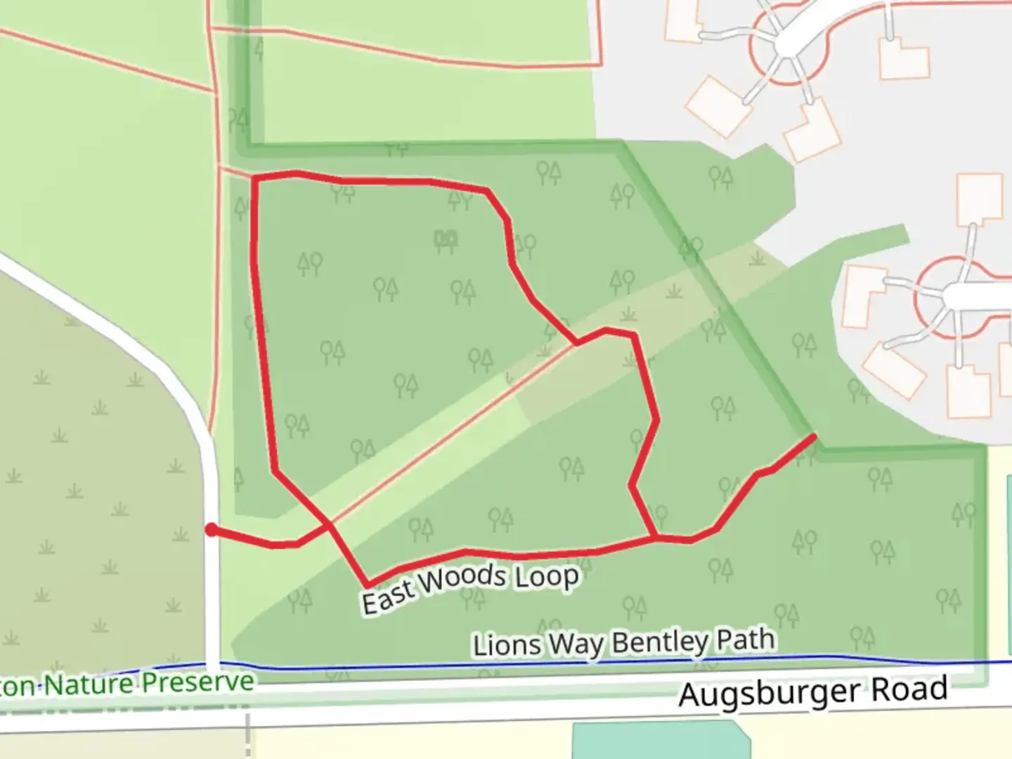 An image depicting the trail East Woods Loop and its surrounding area.