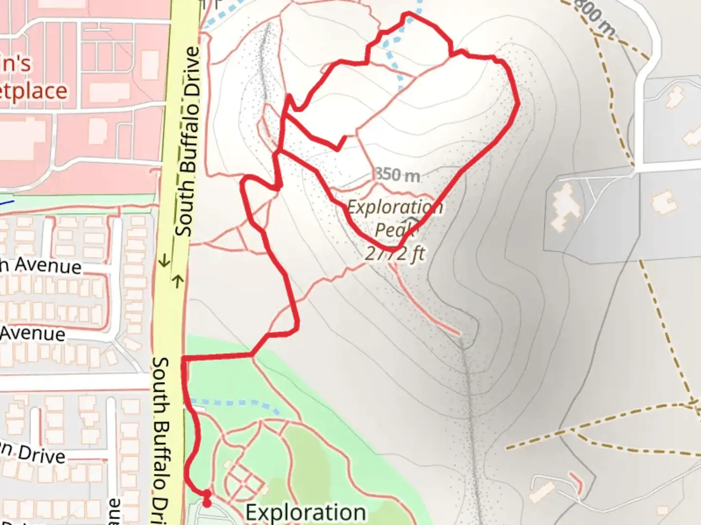 An image depicting the trail Exploration Peak Loop and its surrounding area.