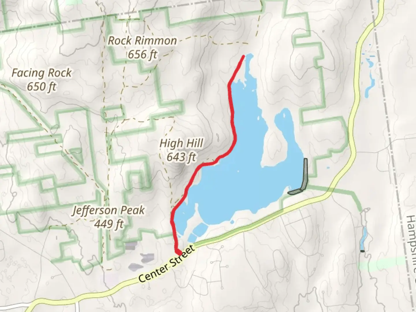 An image depicting the trail High Hill and Ludlow Reservoir and its surrounding area.