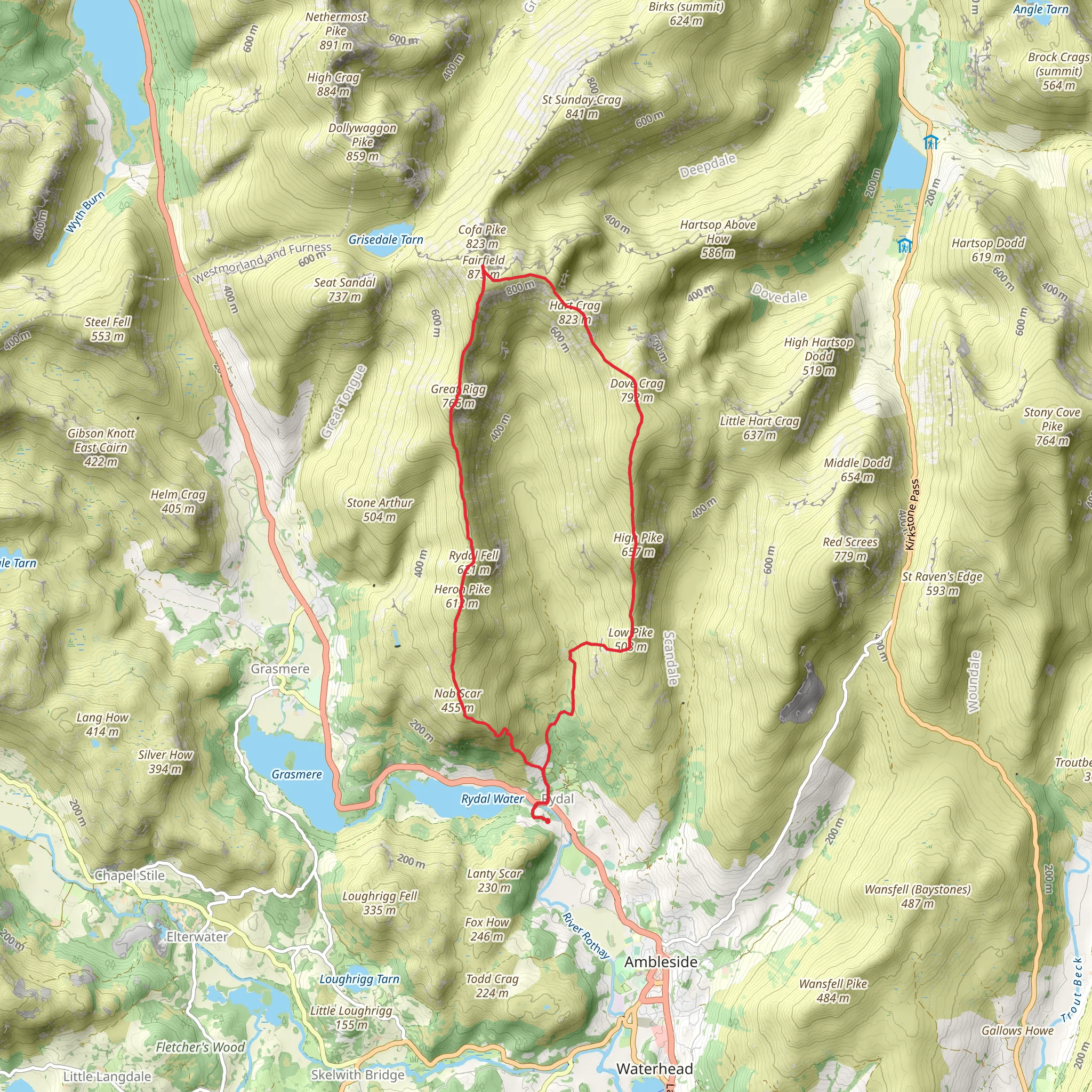 Dove Crag, Hart Crag, Fairfield and Heron Pike Loop - Rydal mobile static map