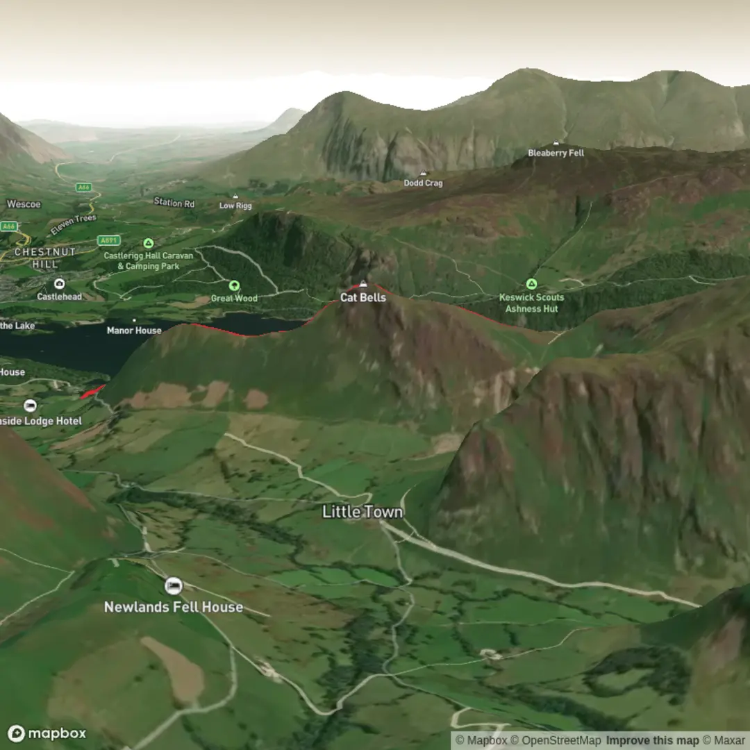 An image depicting the trail Skelgill Bank, Catbells, Manesty Park and Barrowdale Rainforest Loop and its surrounding area.