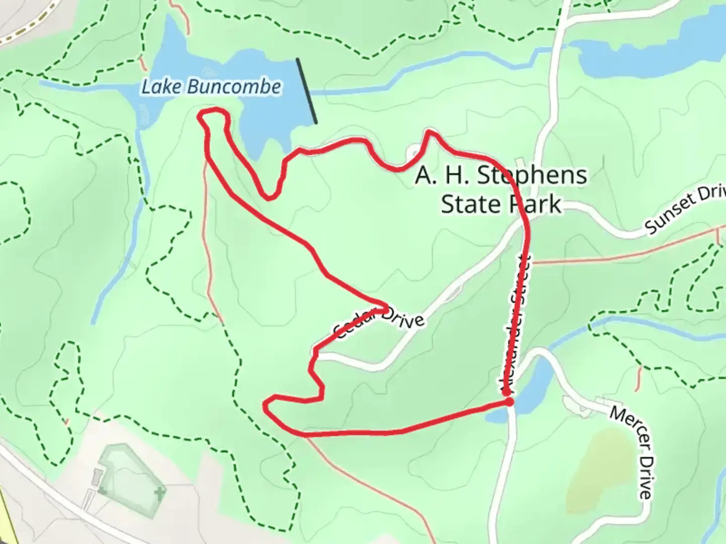 An image depicting the trail Cedar Drive, Lake Buncombe Nature Trail and Alexander Street Loop and its surrounding area.