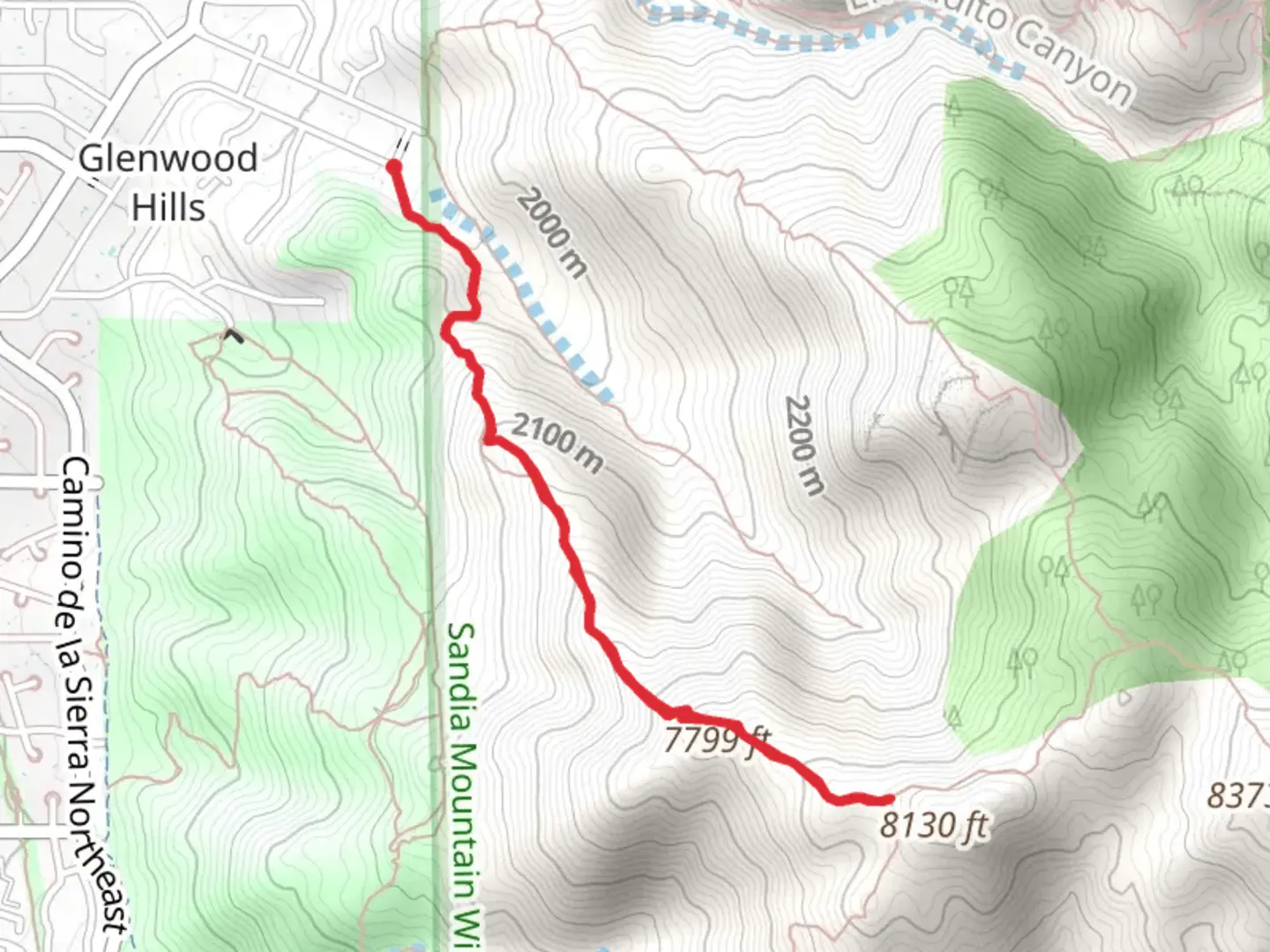 An image depicting the trail Sunset Canyon Route and its surrounding area.