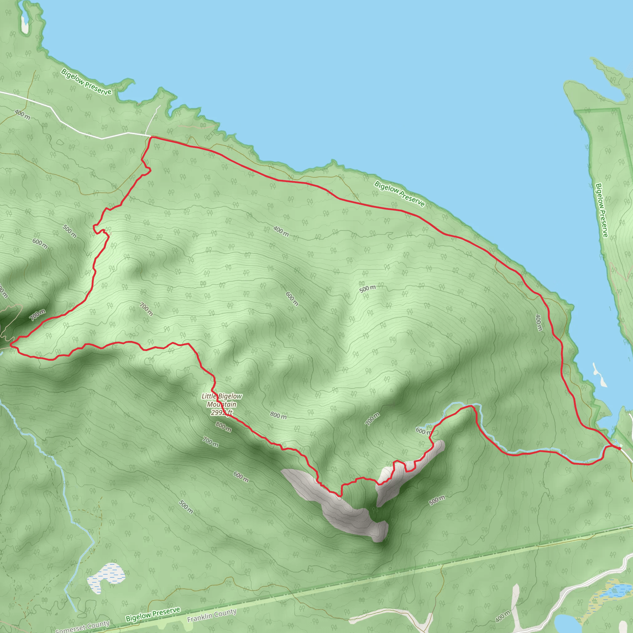 Little Bigelow Mountain via Chase Brook and Dead River mobile static map