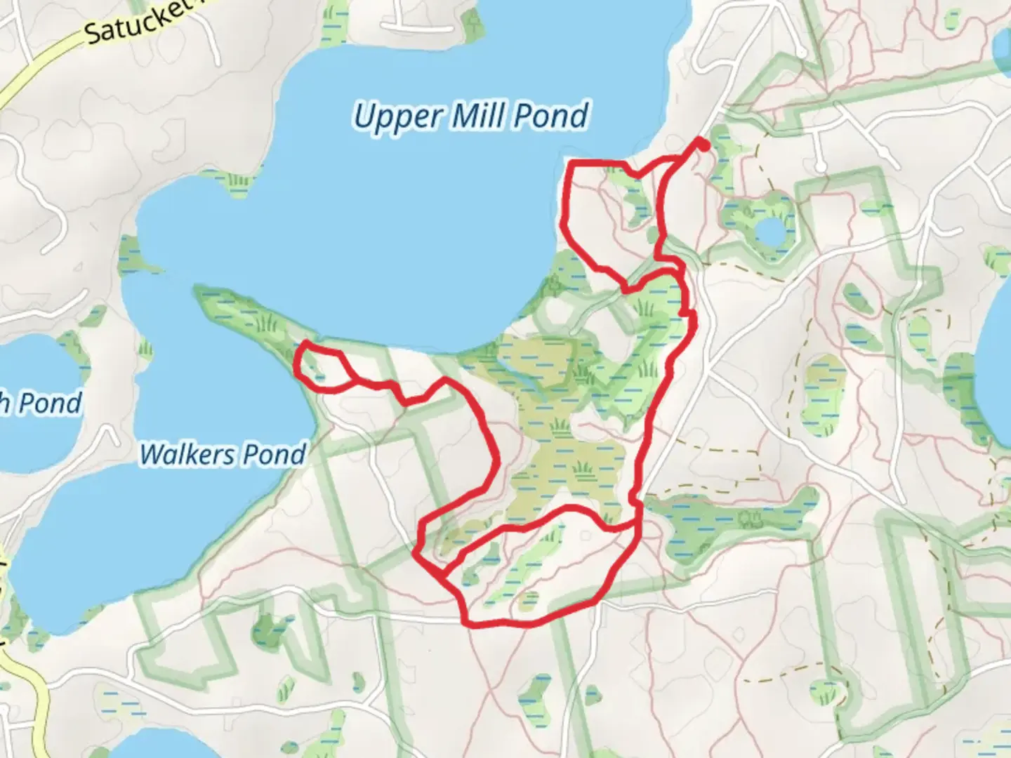 An image depicting the trail Upper Mill Pond via The Cape Cod Way and its surrounding area.