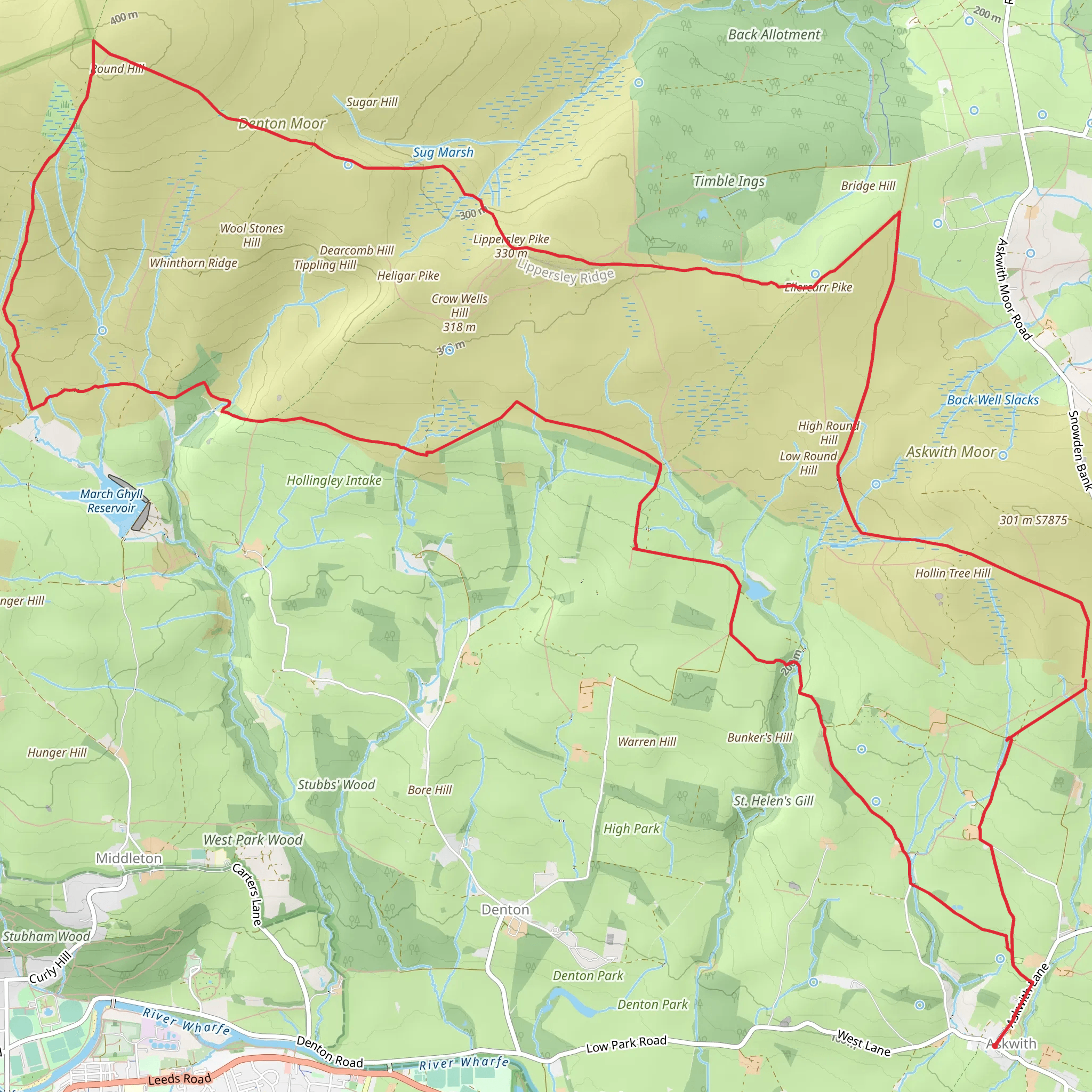 Askwith - Ellarcarr Pike - Round Hill - Middleton Moor and Denton Moor mobile static map