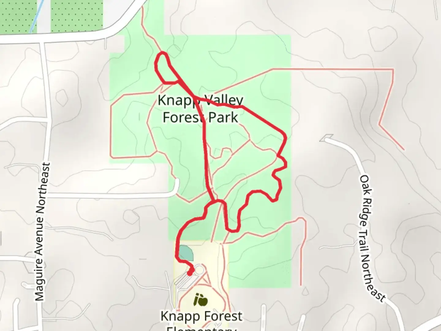 An image depicting the trail Knapp Valley Forest Park Loop and its surrounding area.