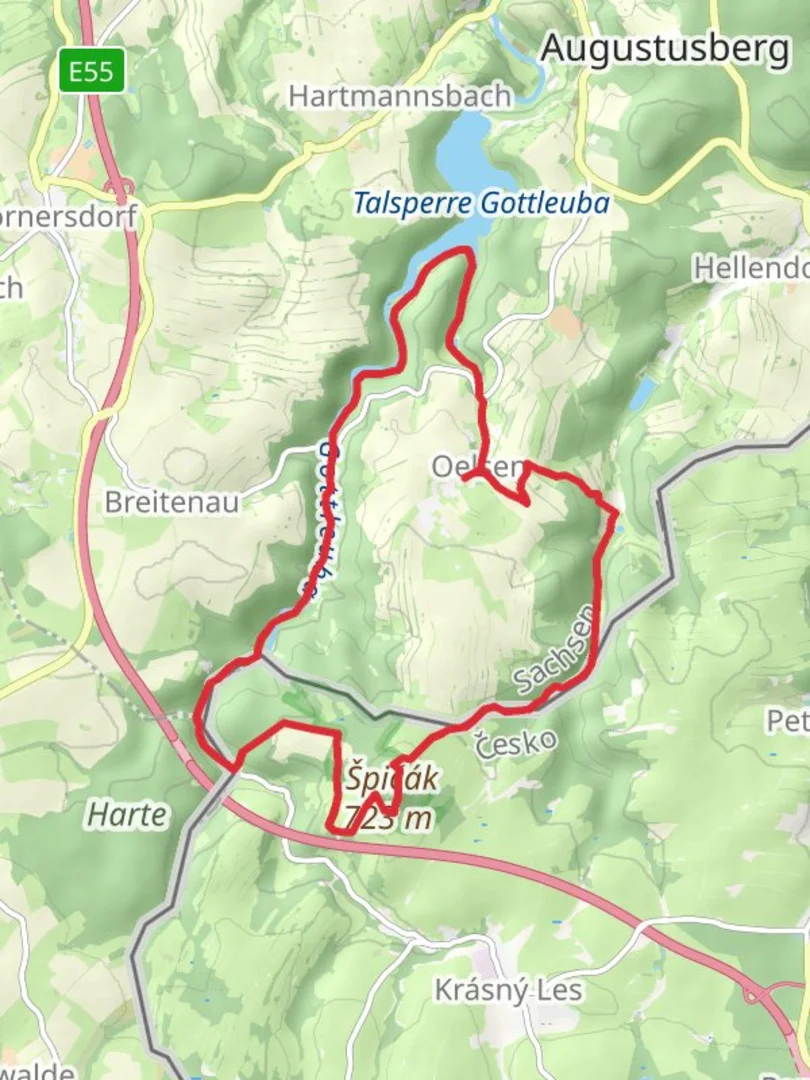 An image depicting the trail Oelsen Loop via Vorsperre and Spicak and its surrounding area.