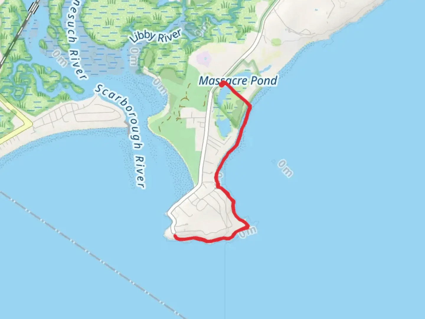 An image depicting the trail Checkley Point and East Point via Massacre Pond Trail - Scarborough Beach and its surrounding area.