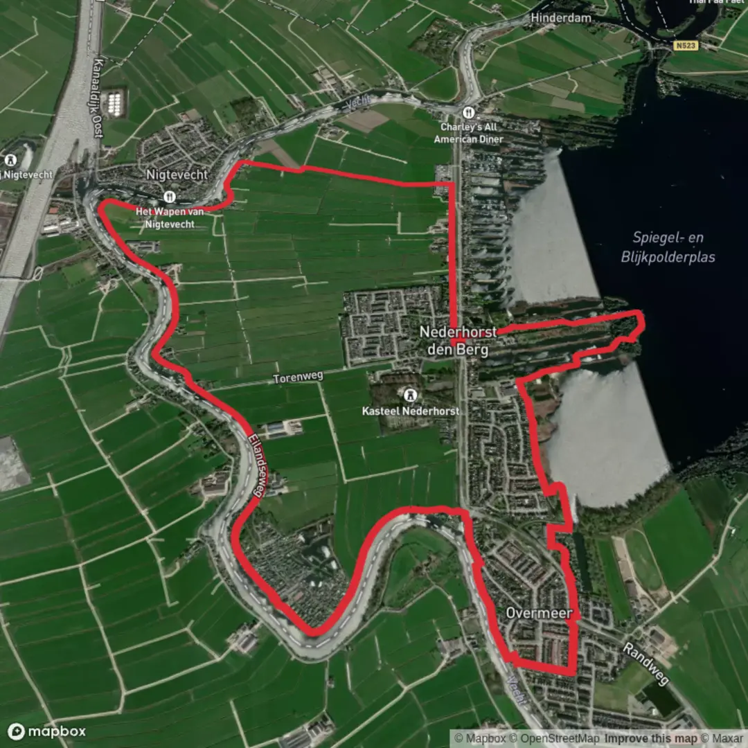 An image depicting the trail Spiegel on Blijkpolderplas via Peterburgser Route and Overmeer Route and its surrounding area.
