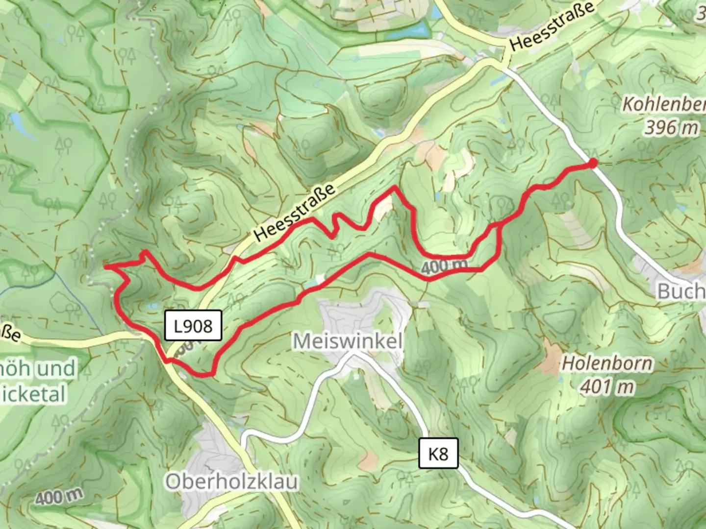 An image depicting the trail Huettentaler Rundweg and Heesbach and its surrounding area.