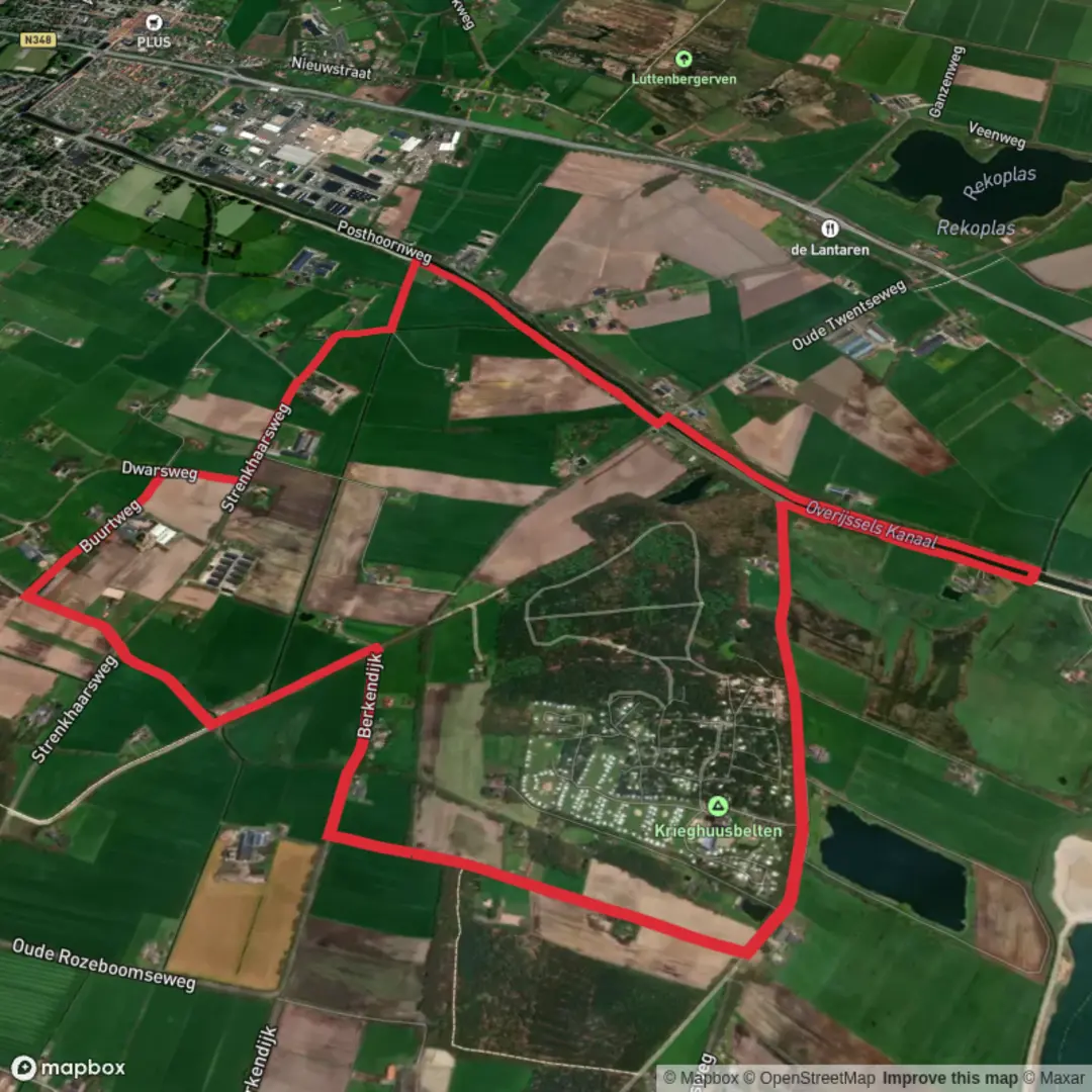 An image depicting the trail Overijsseks Kanaal via Sallandpad and Krieghuis Weg and its surrounding area.
