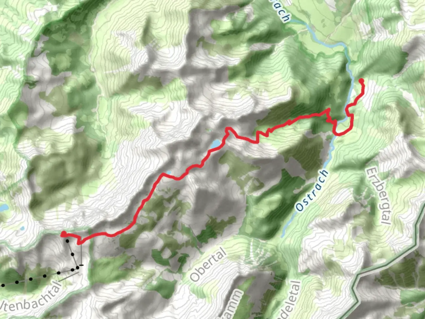 An image depicting the trail Nebelhorn to Auele via Engeratsgundsee and its surrounding area.