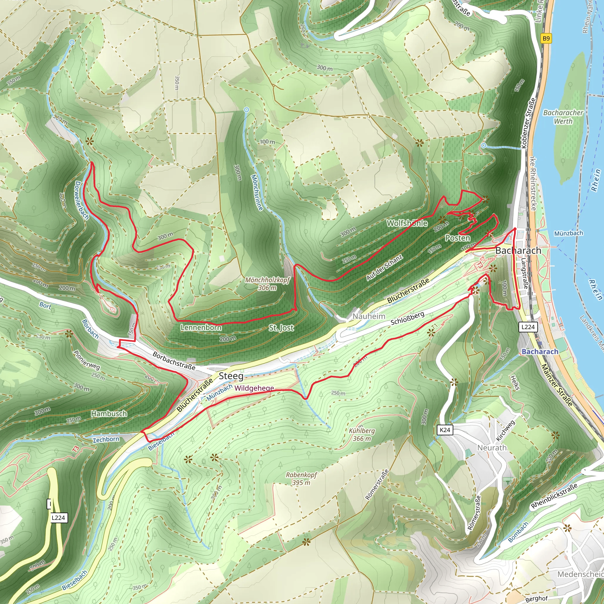Postenturm, Heinrich-Heine-Blick, Ruine Stahlberg and Stahleck Castle Loop via Weinlagenweg mobile static map