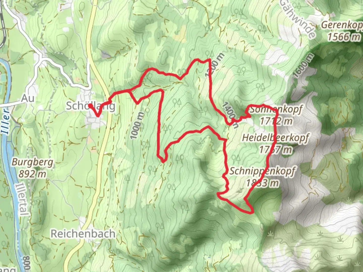 An image depicting the trail Sonnenkopf, Heidelbeerkopf and Schnippenkopf Loop and its surrounding area.