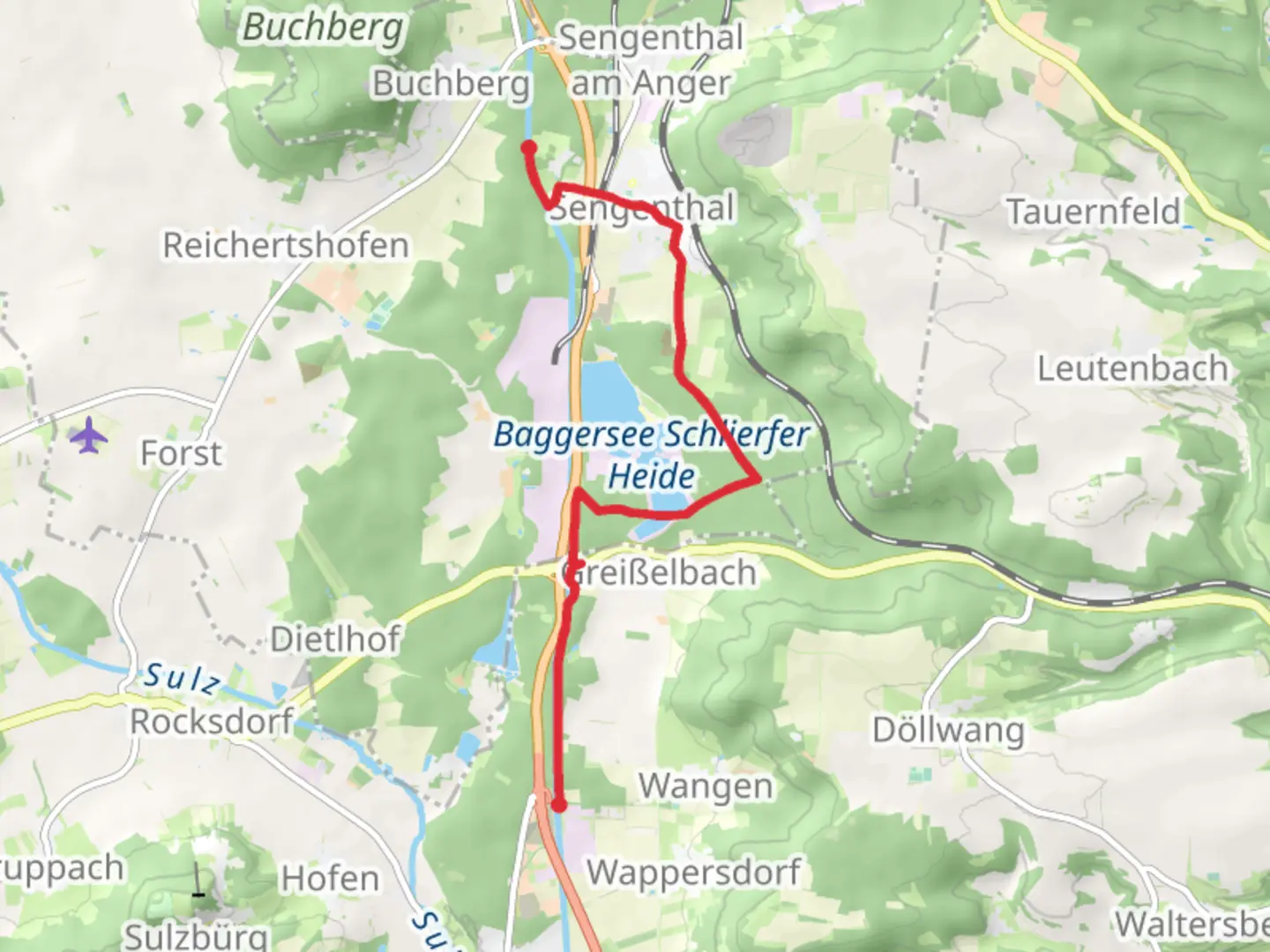 An image depicting the trail Baggersee Schliefer Heide via Ölkuchenmühle - Kanalschleuse and its surrounding area.