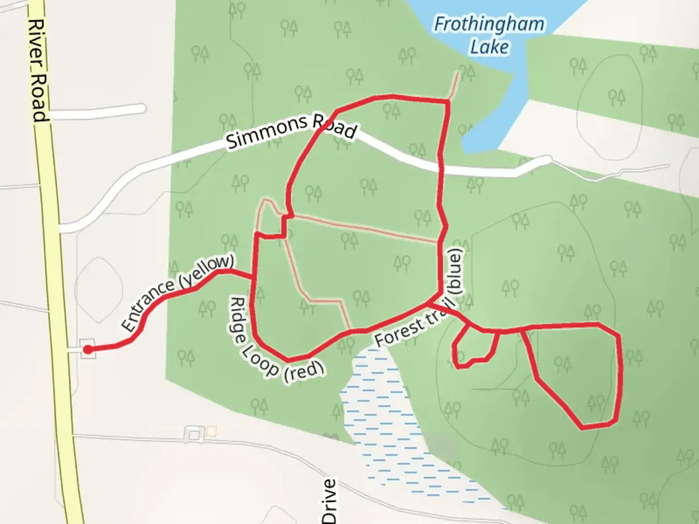 An image depicting the trail Forest Trail - Blue and Hilltop Loop - Orange and its surrounding area.