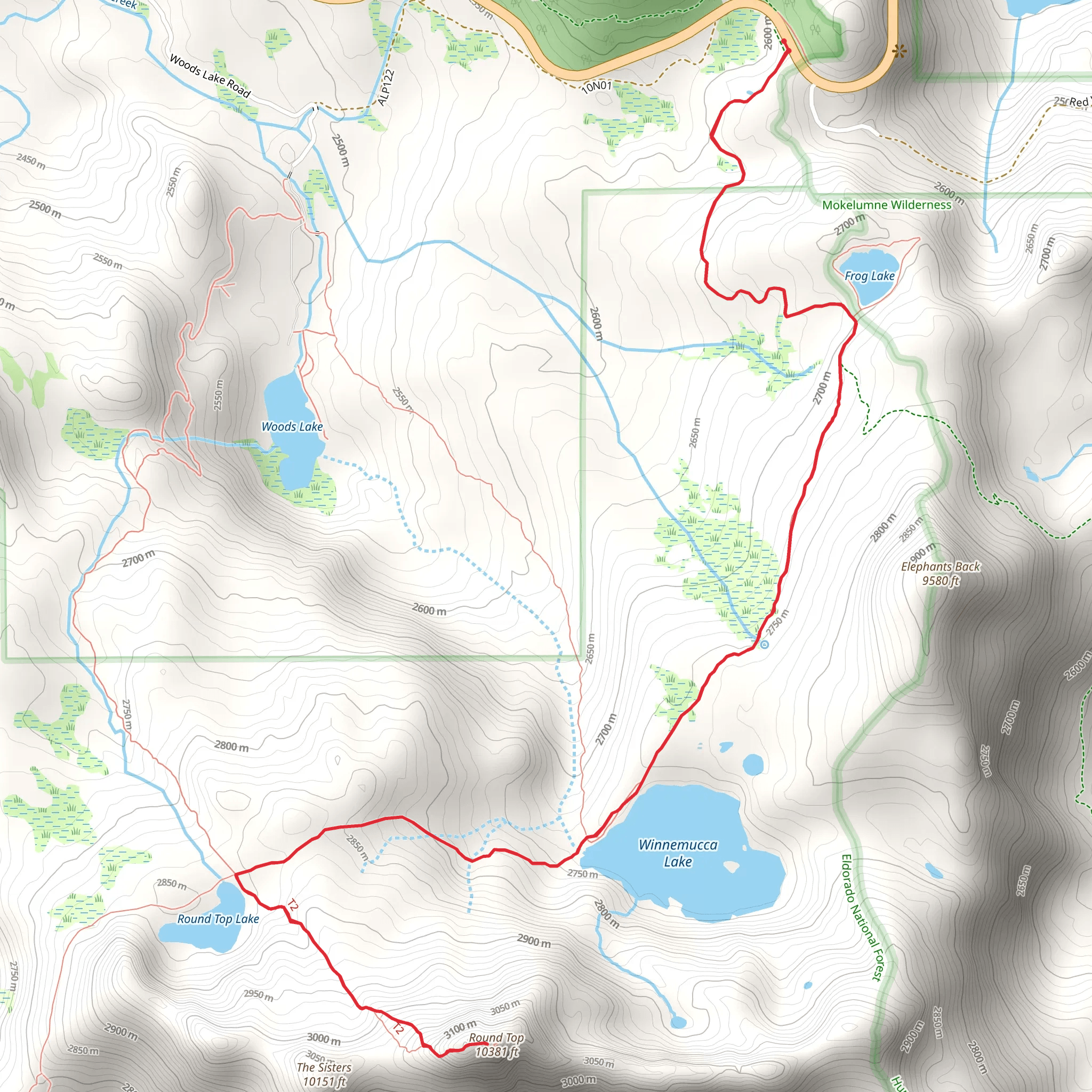 Round Top and Lake Winnemucca via Pacific Crest Trail mobile static map