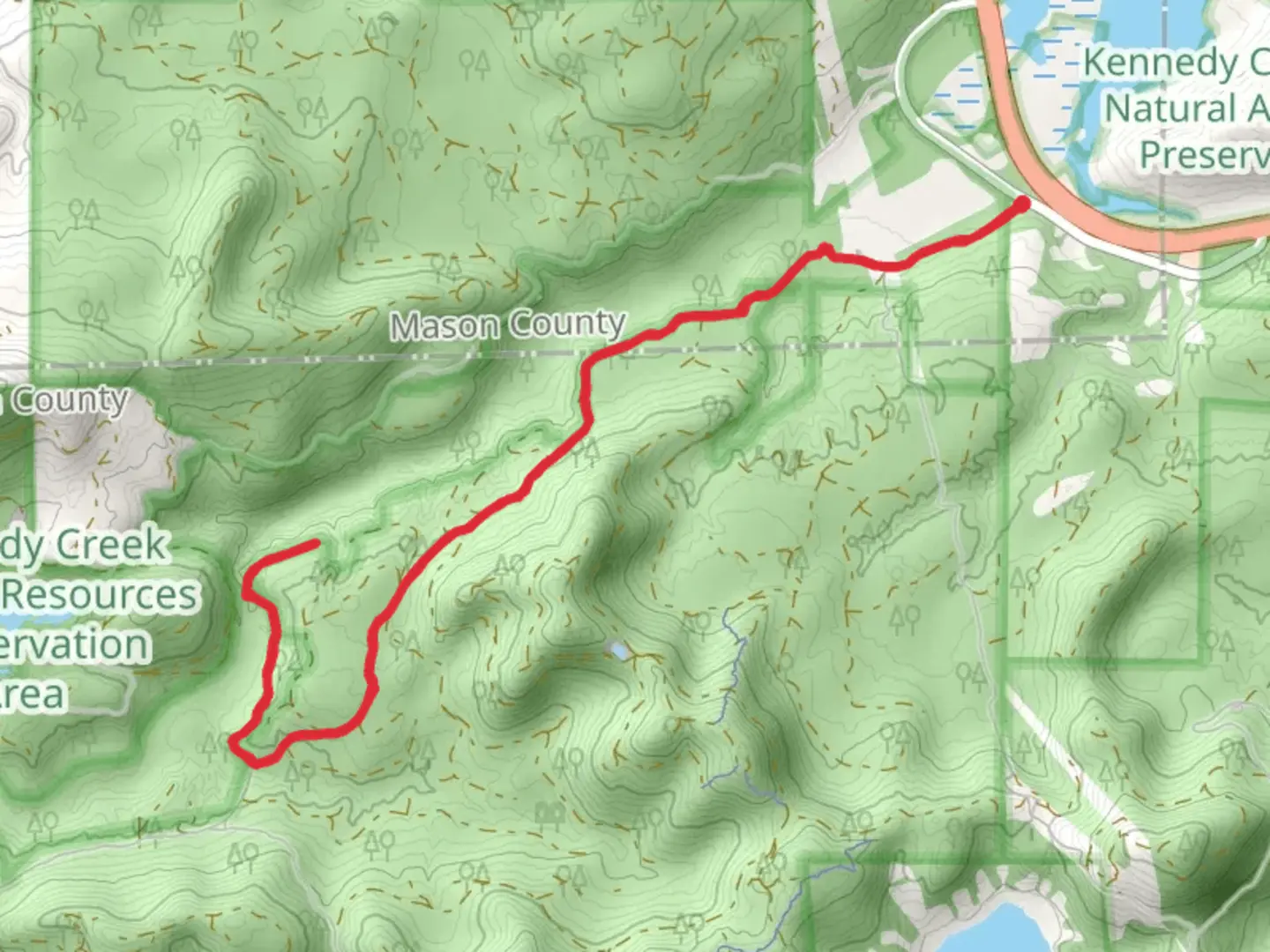 An image depicting the trail Kennedy Falls Out and Back and its surrounding area.