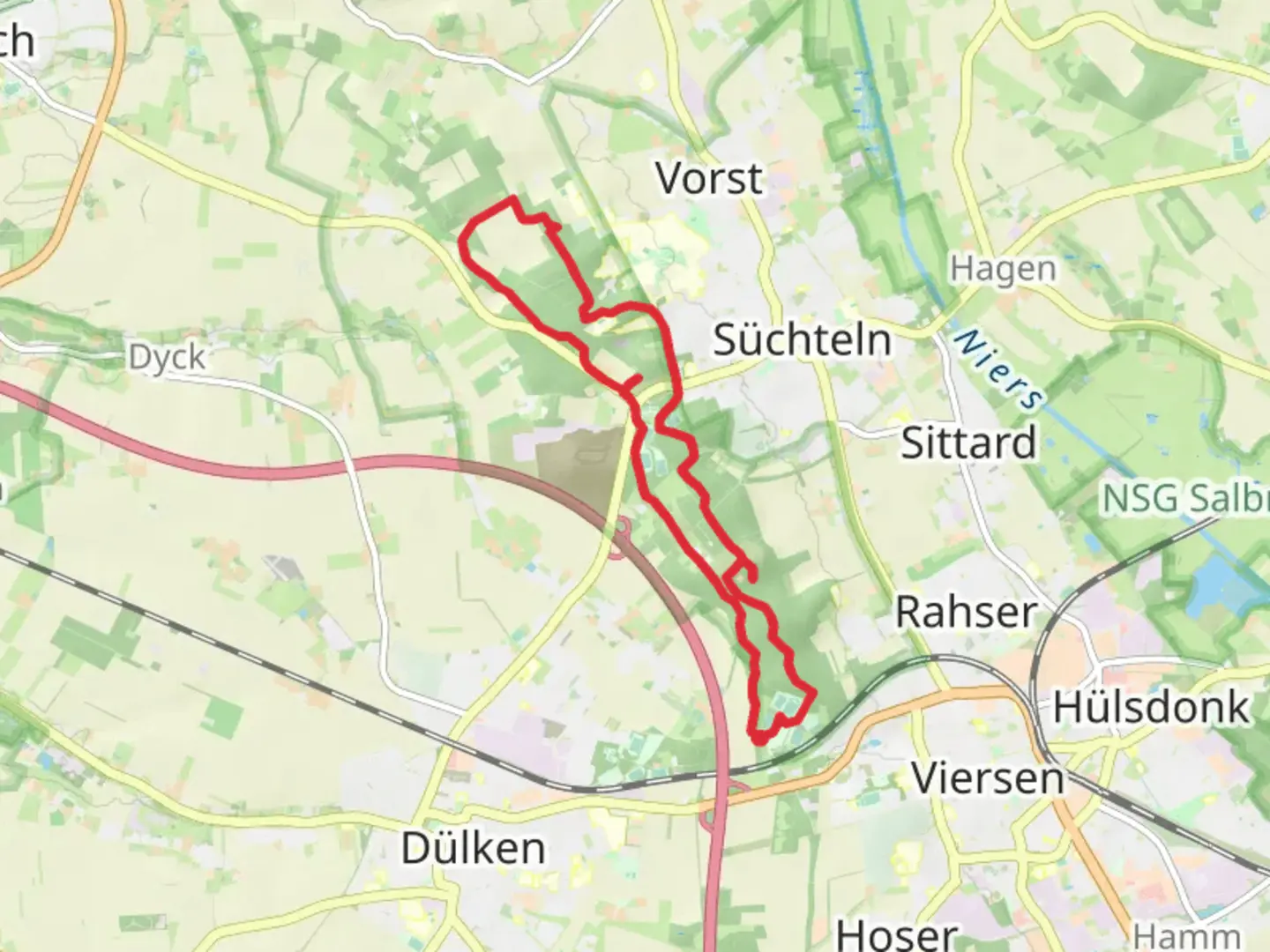 An image depicting the trail Spickelberg and Fackelsteinberg via Irmgardispfad and Rhein Maas Weg and its surrounding area.
