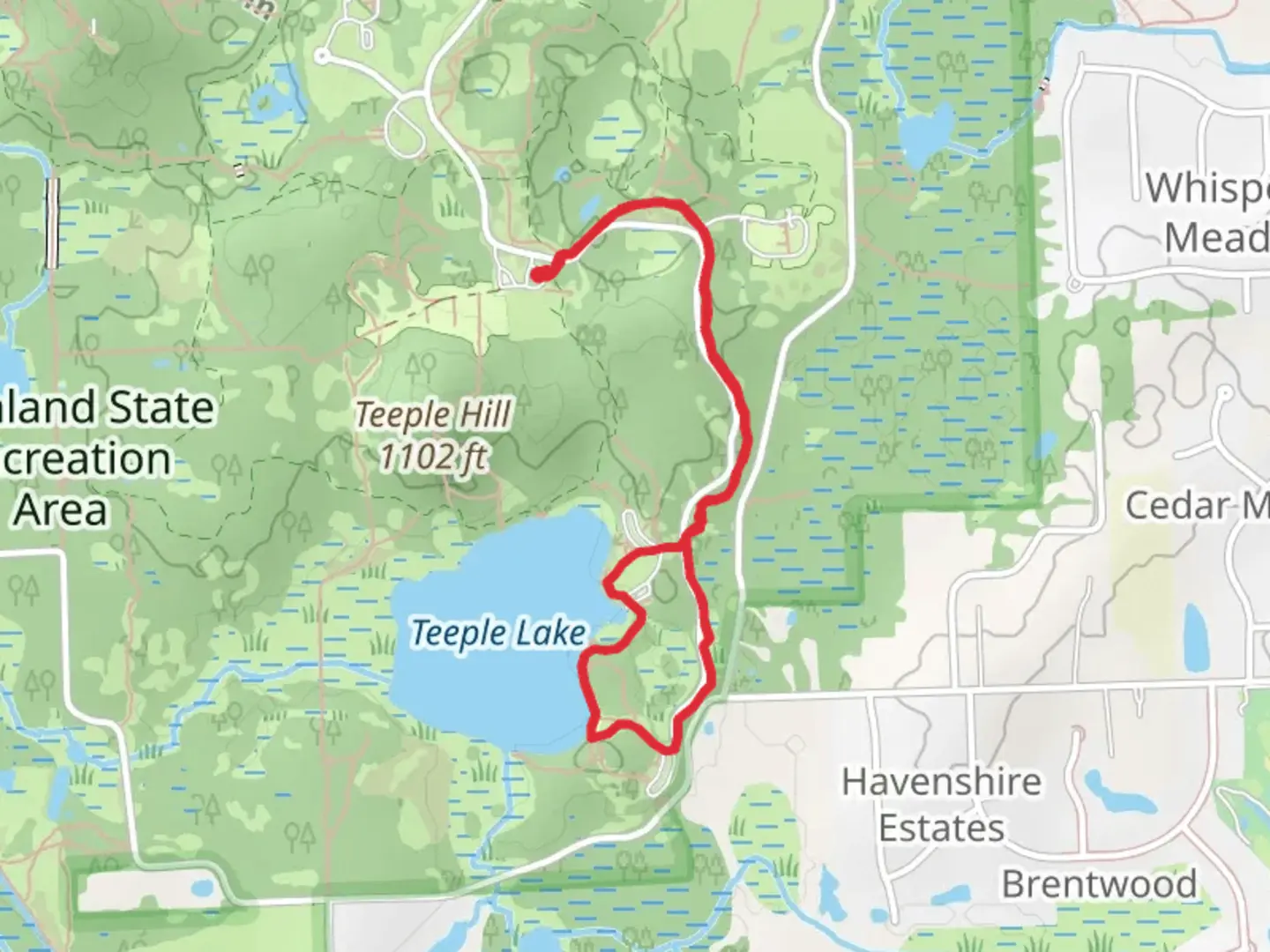An image depicting the trail Teeple Lake Loop via Cedar Creek Trail and its surrounding area.