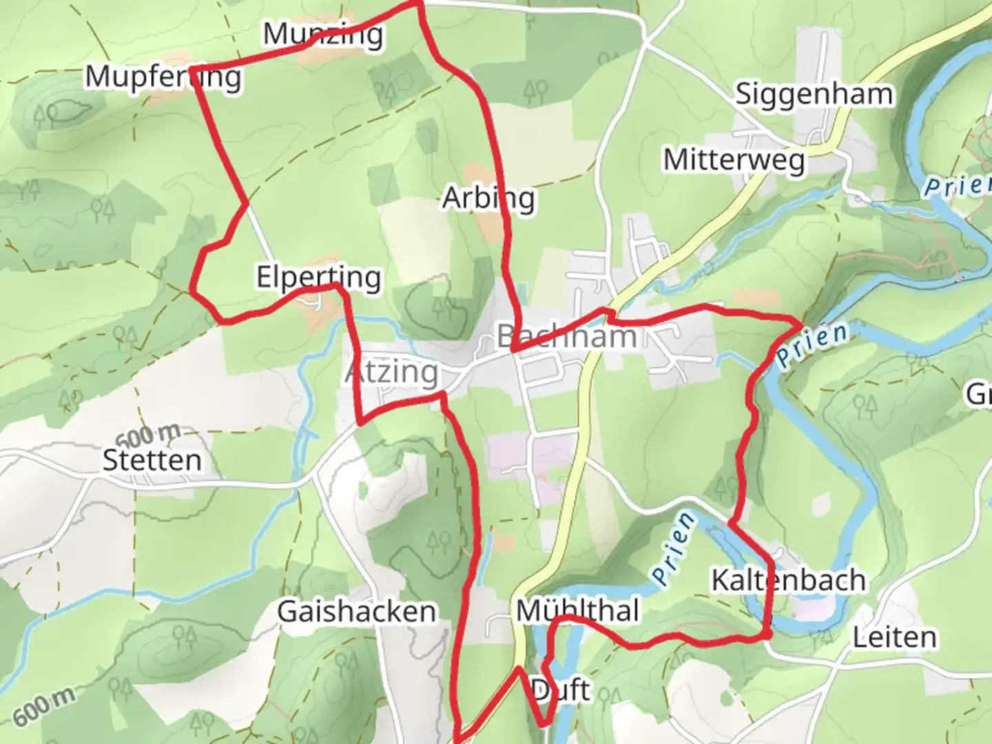 An image depicting the trail SalzAlpen Weg - Rosenheim-Chiemsee and Priener Postkartenweg and its surrounding area.
