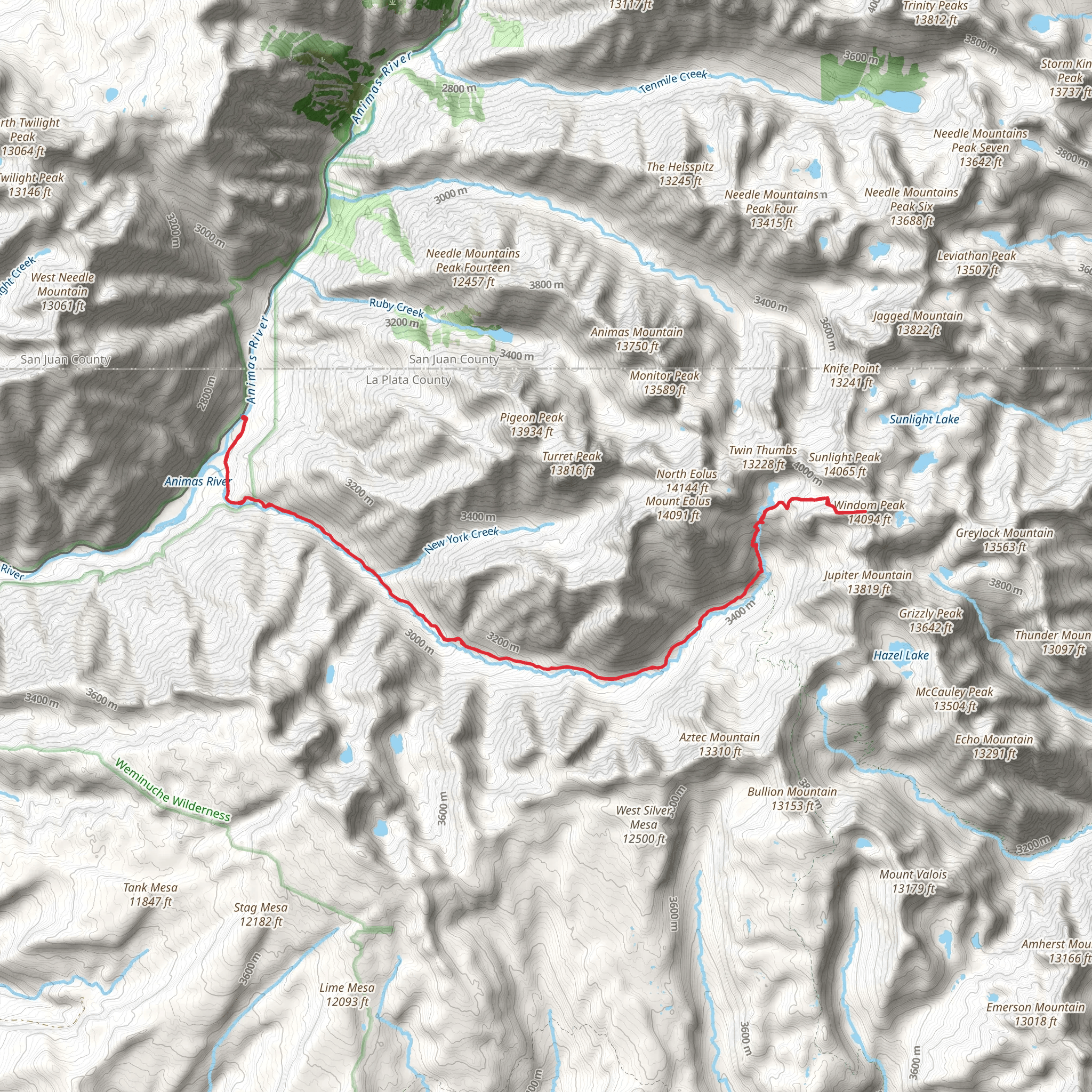 Twin Lakes and Windom Peak via Needle Creek mobile static map