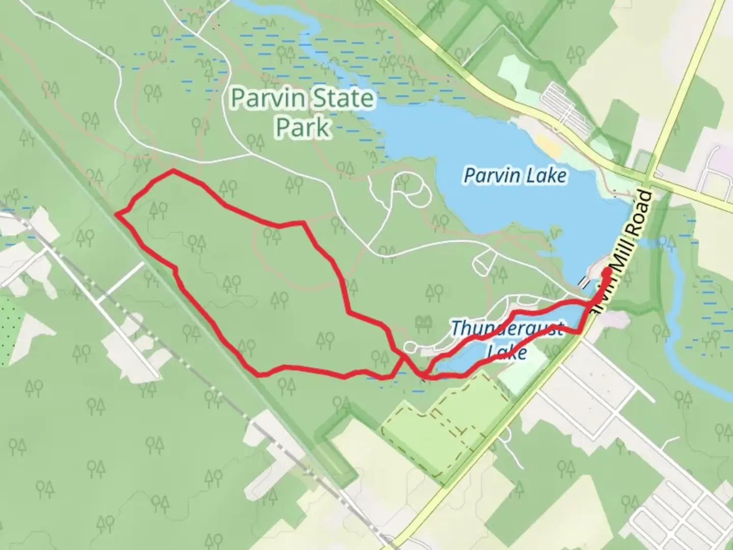 An image depicting the trail Thundergust Lake, Long Red and Black Loop Trail and its surrounding area.