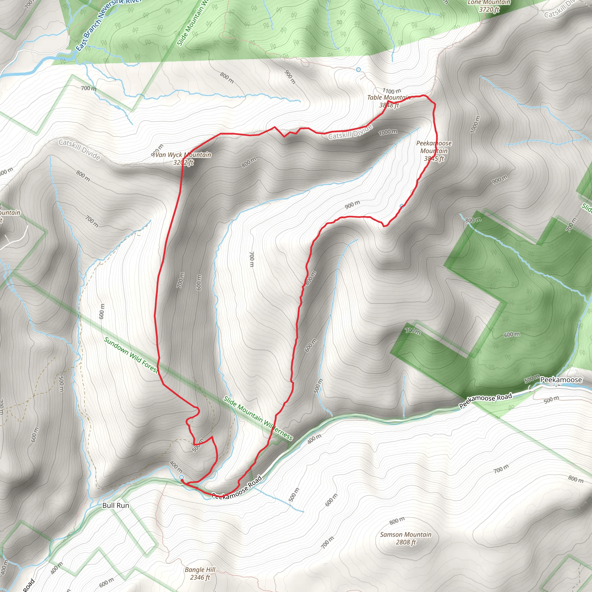 Van Wyck Mountain, Table Mountain and Peekamoose Mountain Loop via Long Path mobile static map