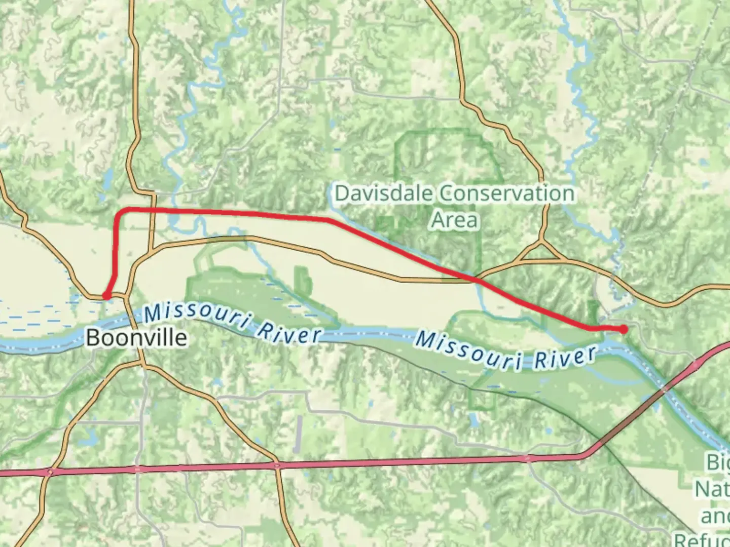 An image depicting the trail Moniteau Creek via Katy Trail and its surrounding area.