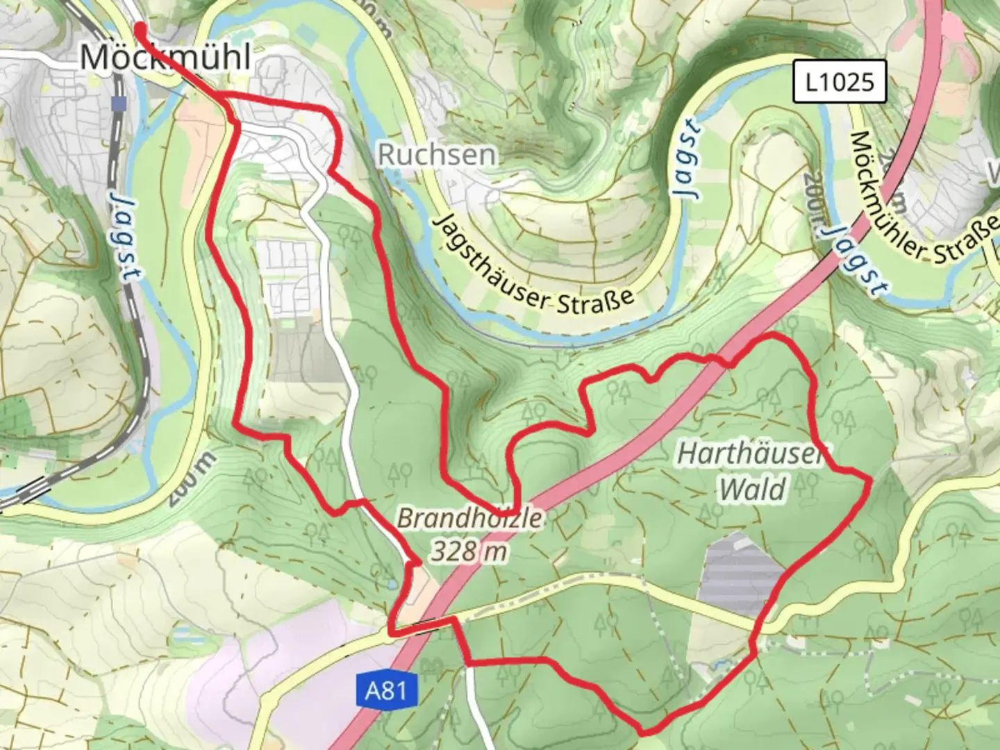 An image depicting the trail Mockmuhl and Harthauser Wald Loop and its surrounding area.