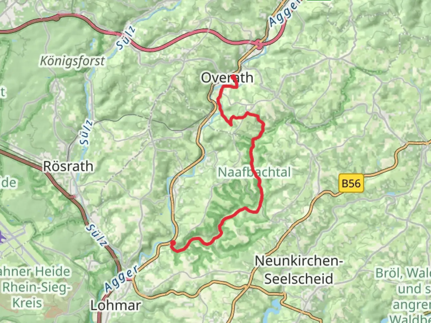 An image depicting the trail Overath to kreuznaaf Walk and its surrounding area.