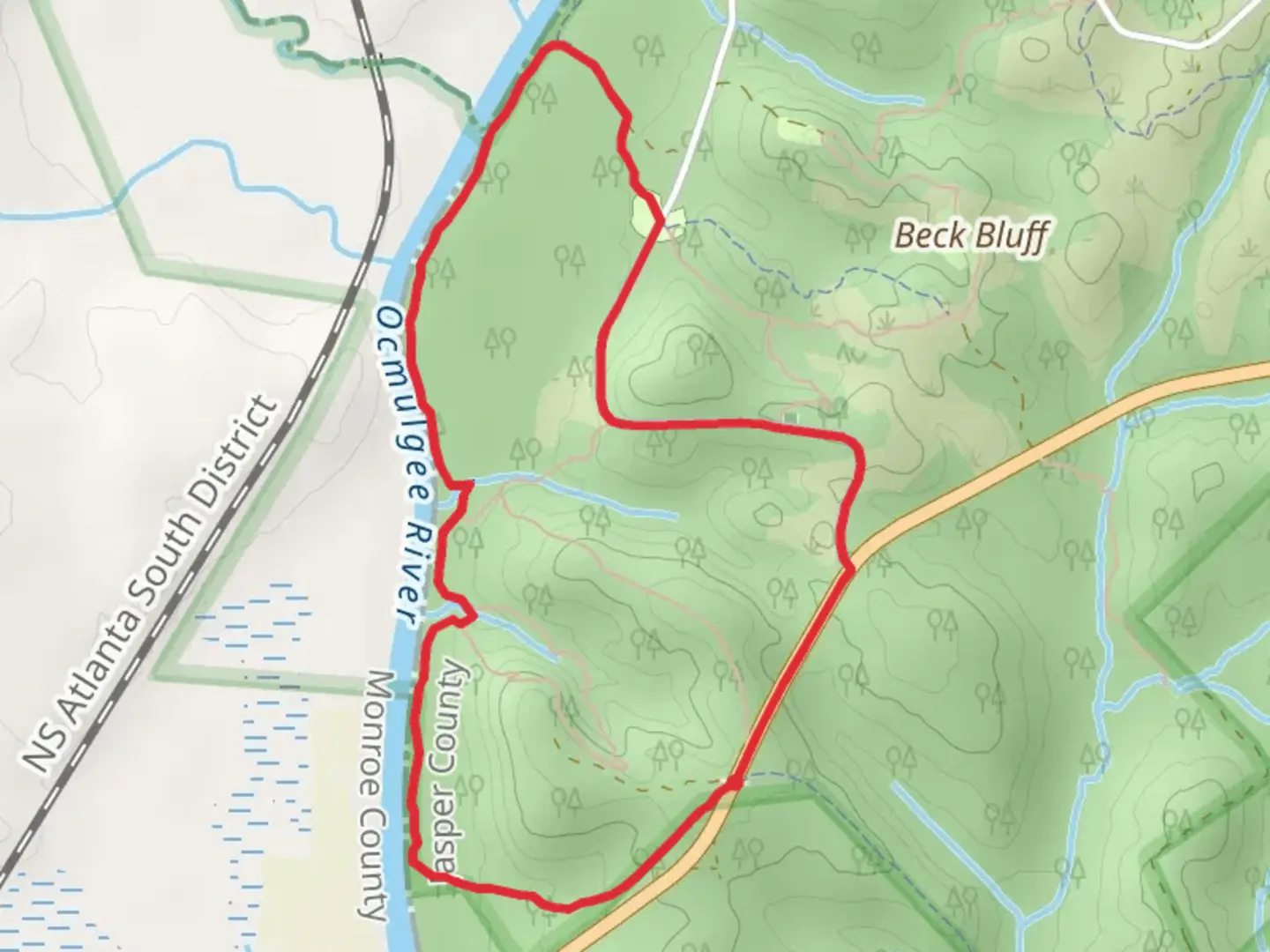 An image depicting the trail River Trail and Ocmulgee Flats Camp Loop and its surrounding area.
