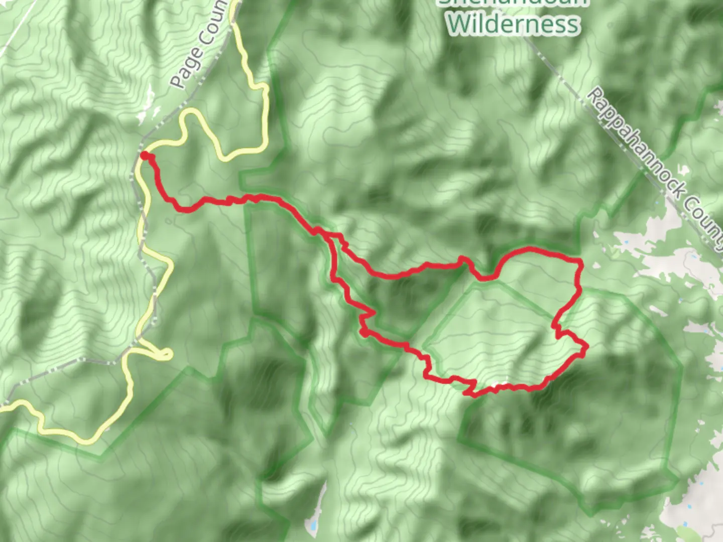An image depicting the trail Old Rag Fire Road, Robertson Mountain and Old Rag Mountain Loop and its surrounding area.