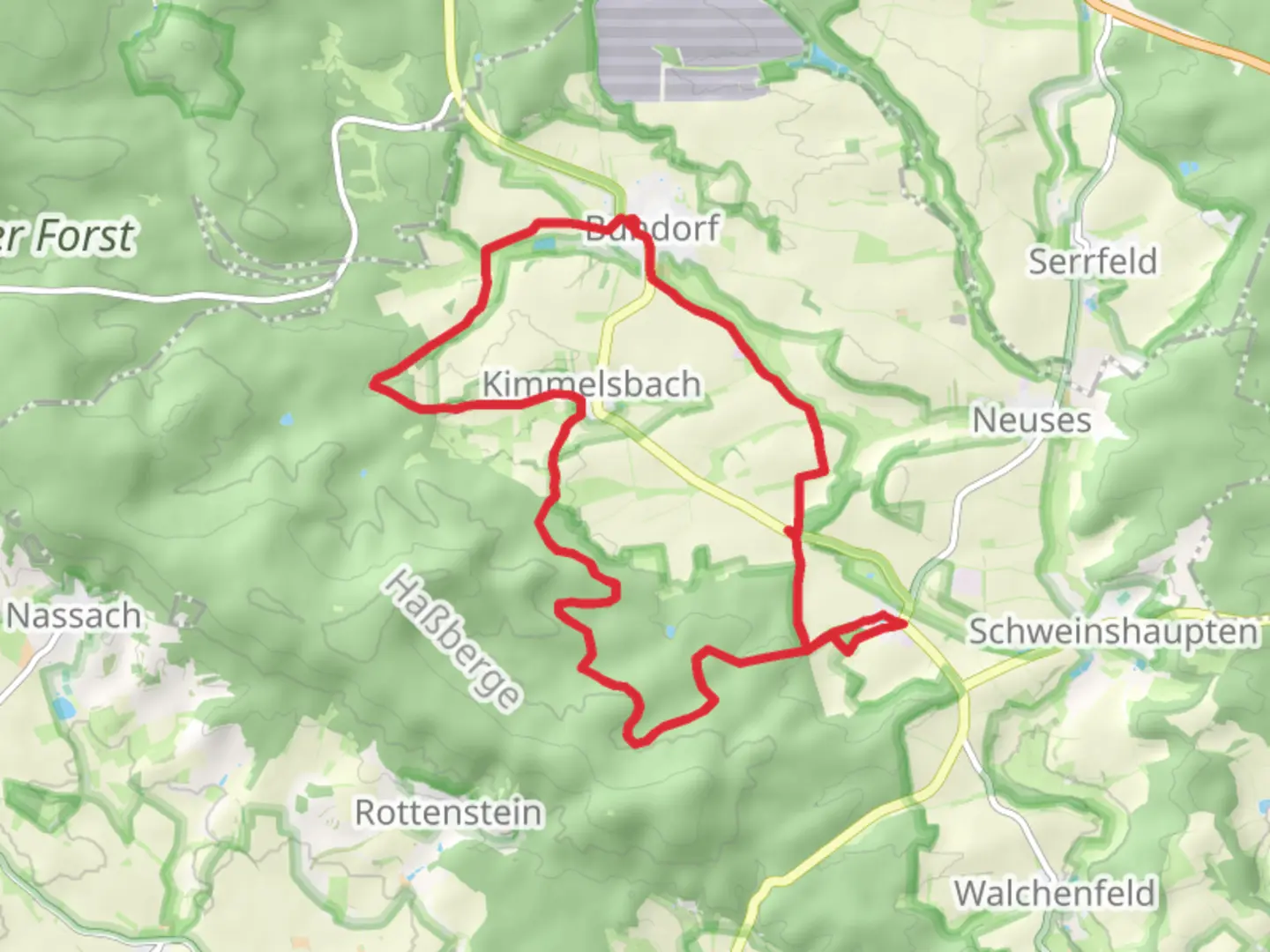 An image depicting the trail Bundorf and Stockach Loop via Kimmelsbach and its surrounding area.