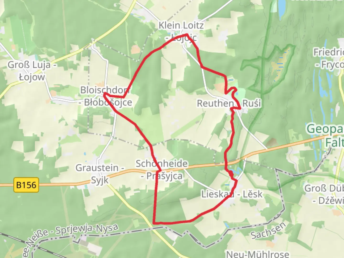 An image depicting the trail Lieskau Lesk and Klein Loitz Lojojc Loop and its surrounding area.