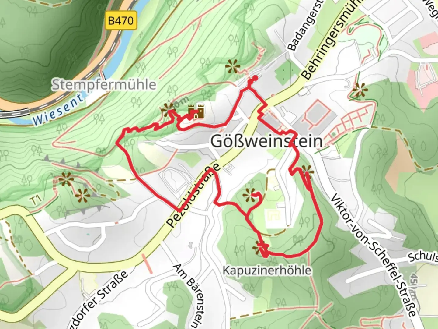 An image depicting the trail Kreuzberg and Gernerfels via Felsensteig and its surrounding area.