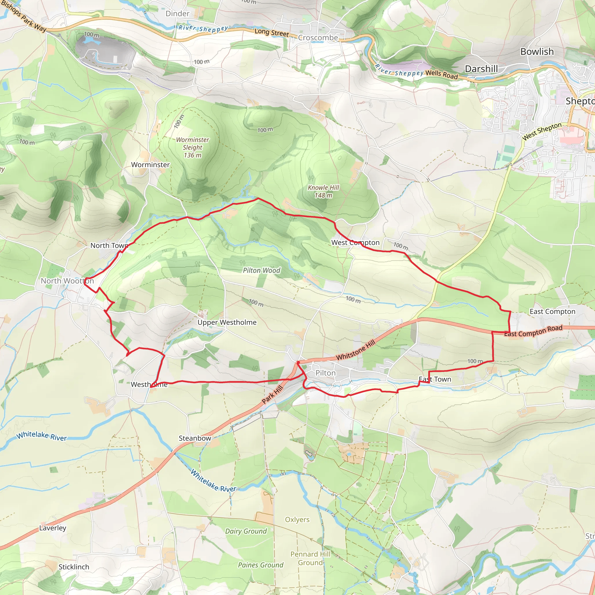 West Compton and North Wootton from Pilton mobile static map