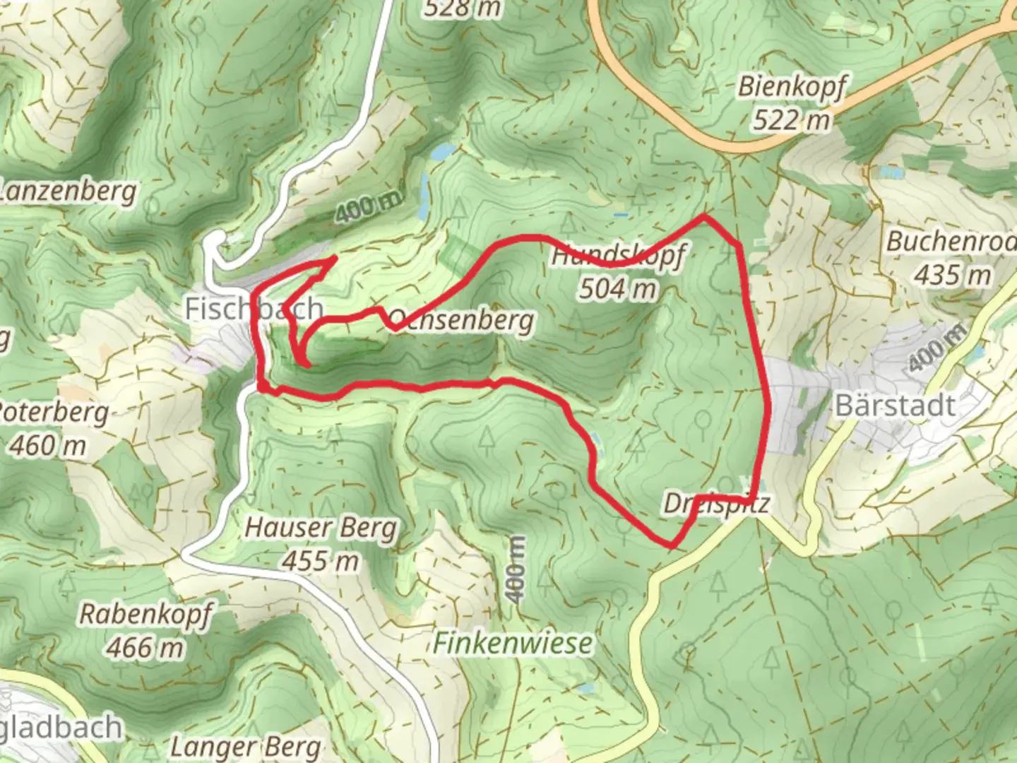 An image depicting the trail Fischbach - Baerstadt and its surrounding area.