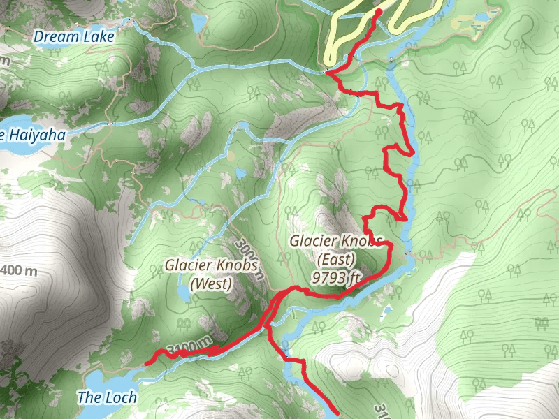 Glacier Knobs, The Loch and Mills Lake via Glacier Gorge Trail mobile static map