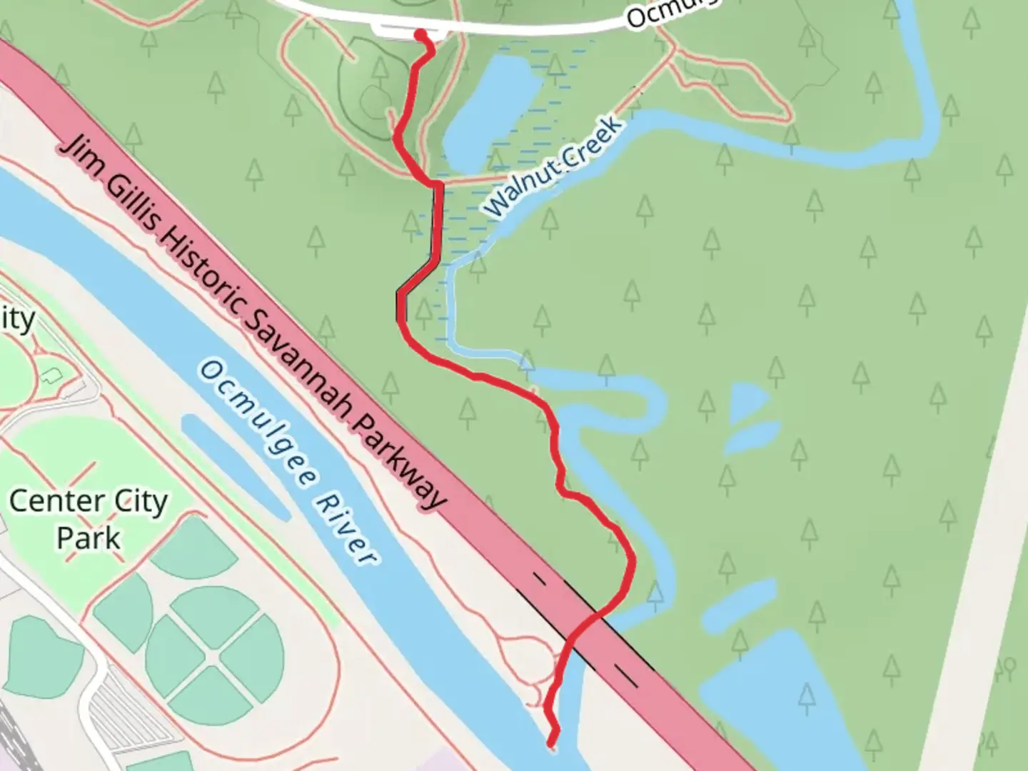 An image depicting the trail Ocmulgee Riverwalk and its surrounding area.