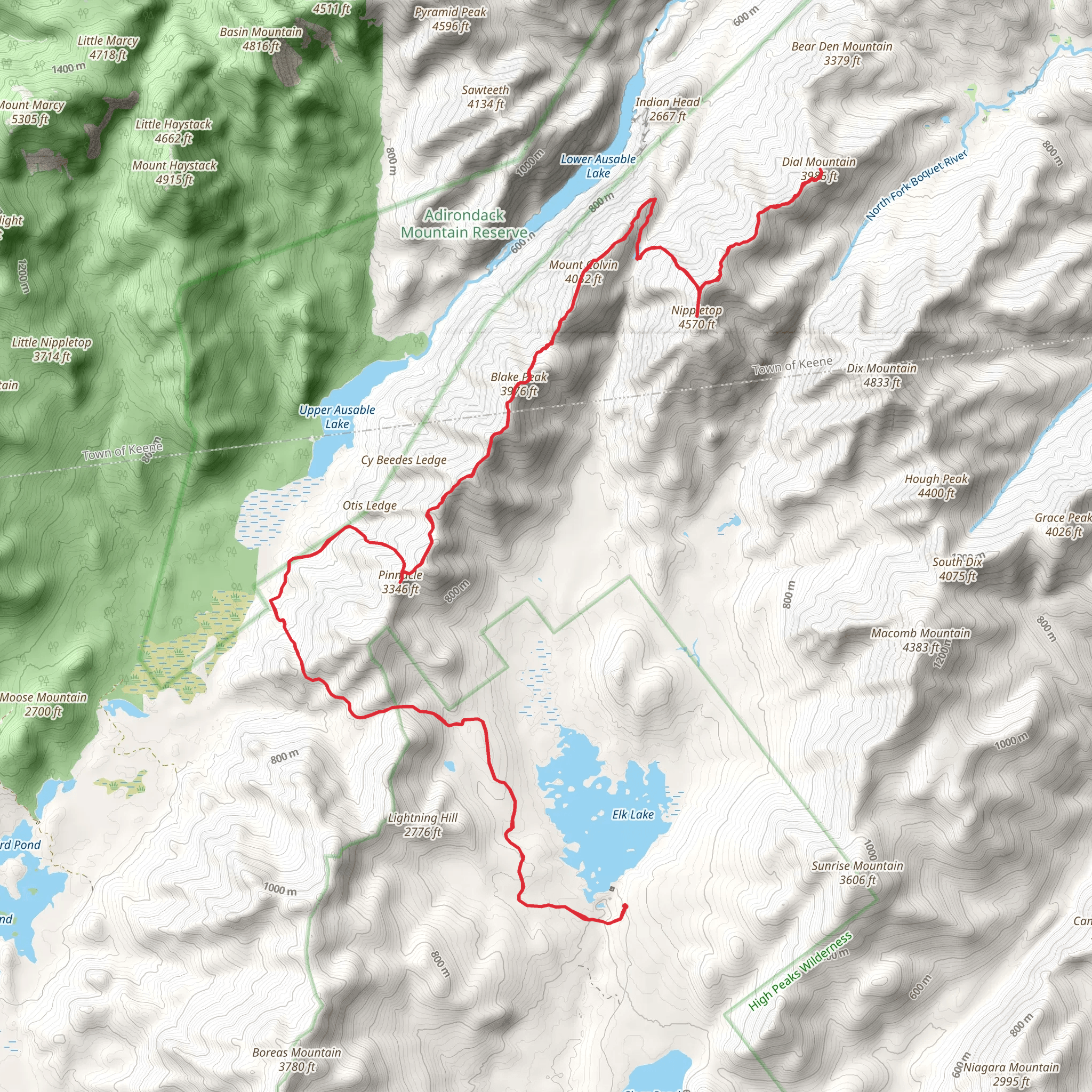 Dial Mountain, Nippletop and Mount Colvin Trail via Elk Lake- Marcy Trail mobile static map