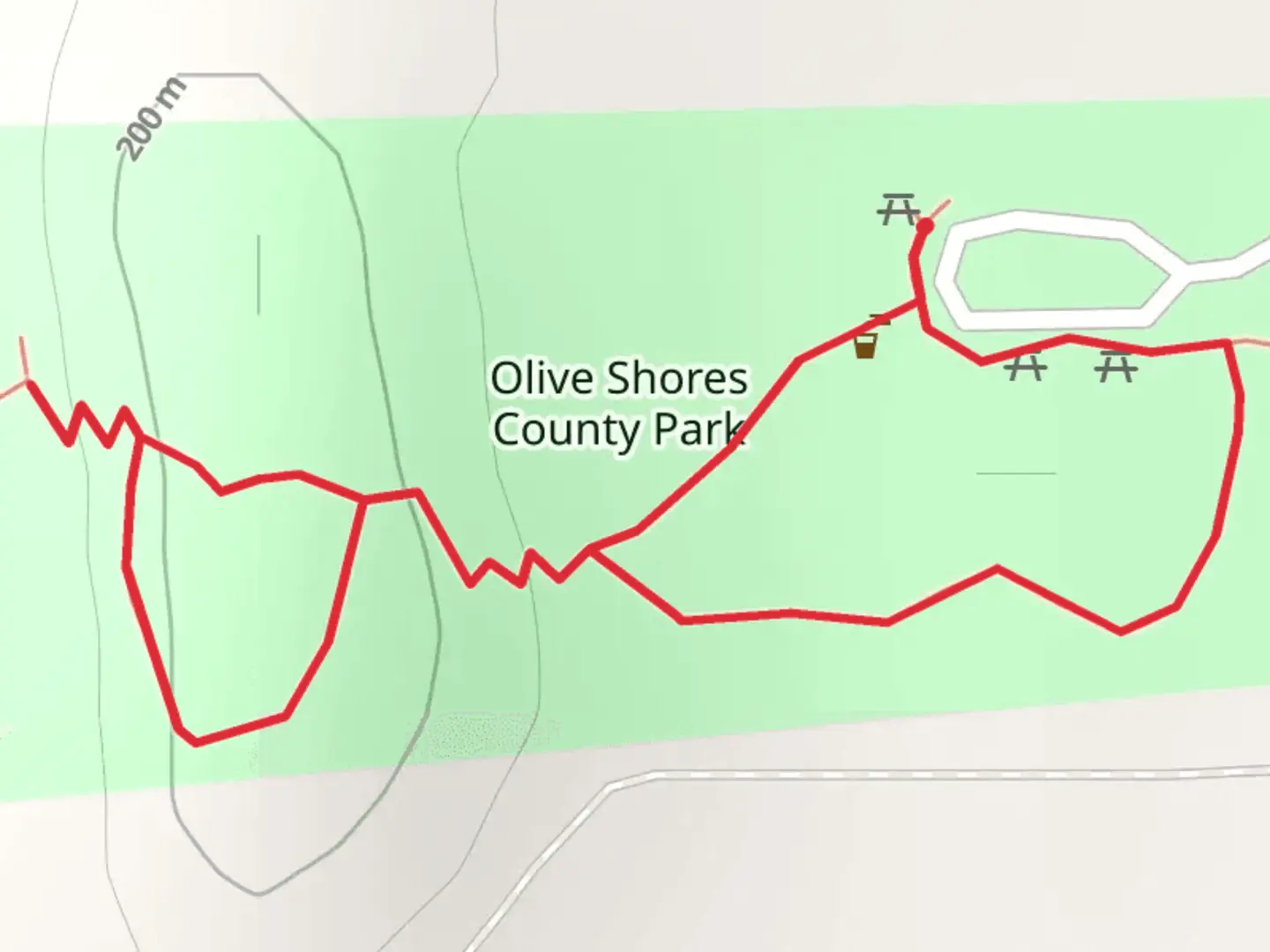 An image depicting the trail Olive Shore Avenue Park Loop and its surrounding area.