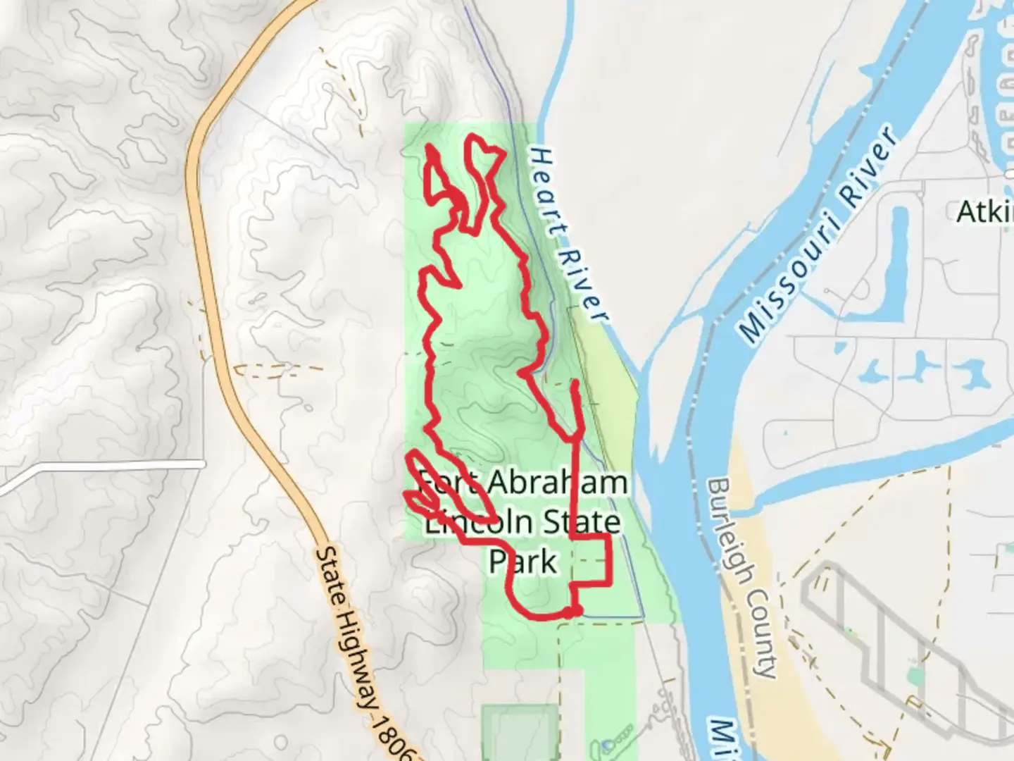 An image depicting the trail Fort Abraham Lincoln State Park Loop and its surrounding area.
