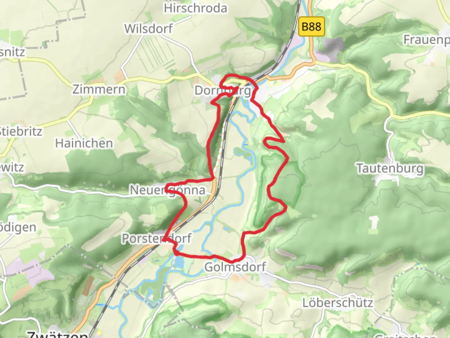 An image depicting the trail Porstendorf and Dornburg Loop and its surrounding area.
