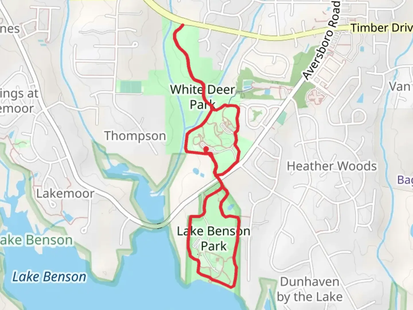 An image depicting the trail White Deer and Lake Benson Park Loop and its surrounding area.