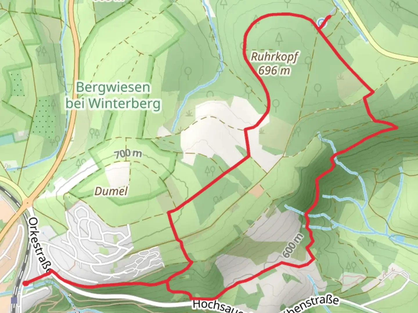An image depicting the trail Ruhrquelle and Ruhr Kopf Loop and its surrounding area.