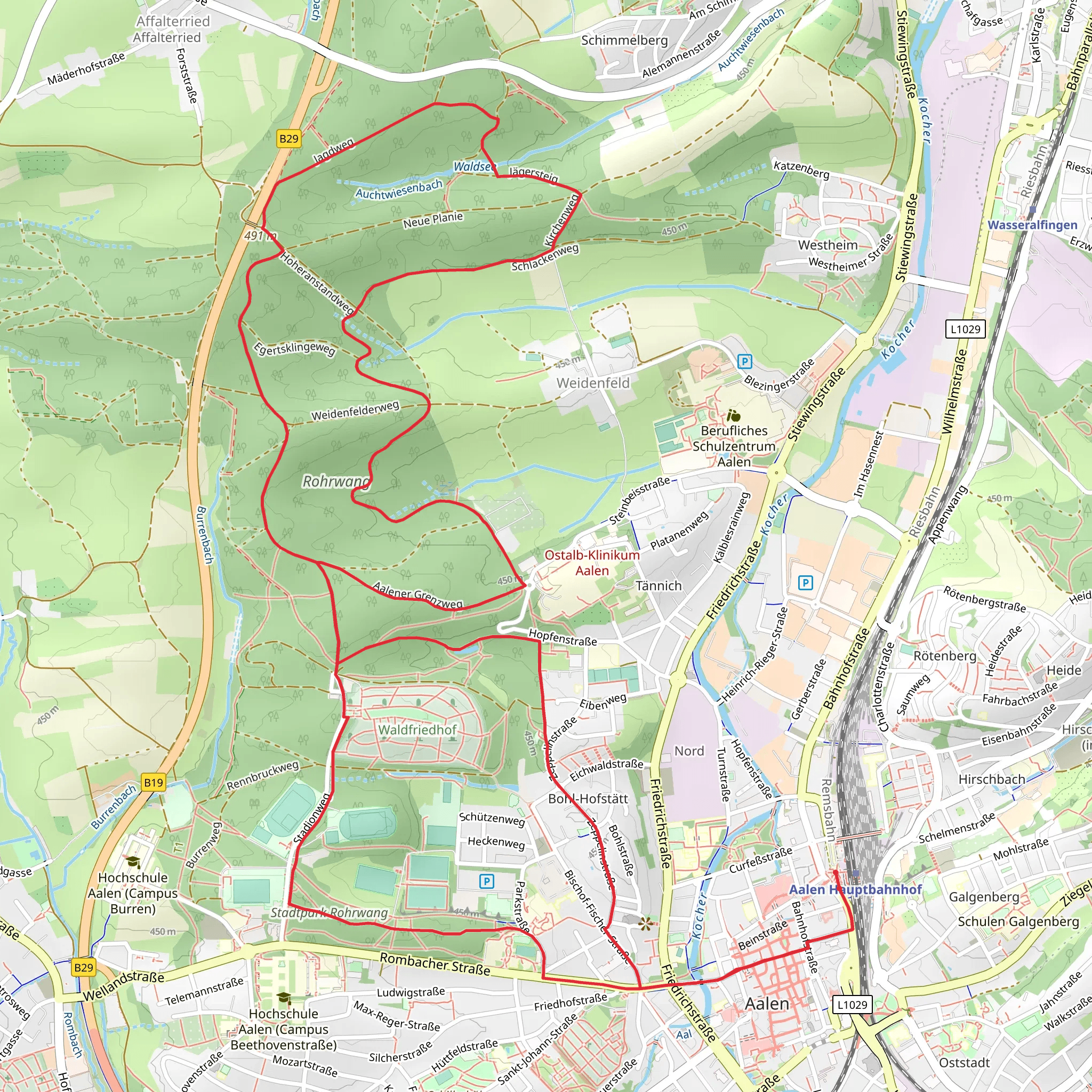 Waldsee via Stadpark Rohrwang and Aalen Bahnhof - Huettlingen mobile static map