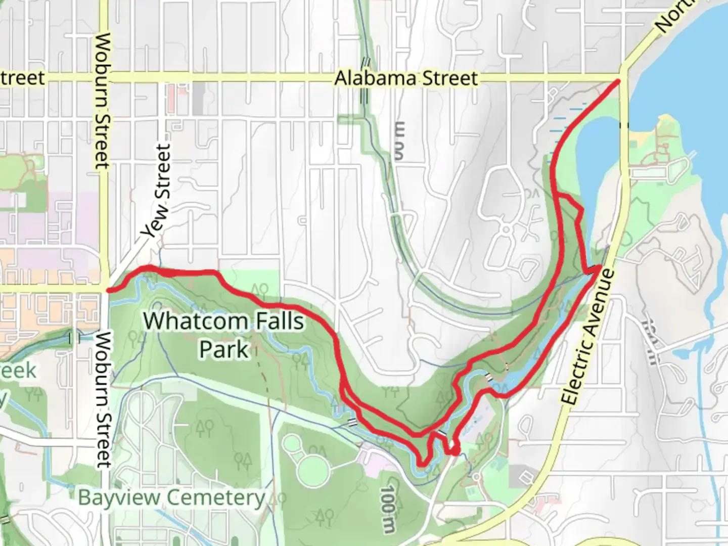 An image depicting the trail Whatcom Creek Greenway and Whatcom Falls Park Loop and its surrounding area.